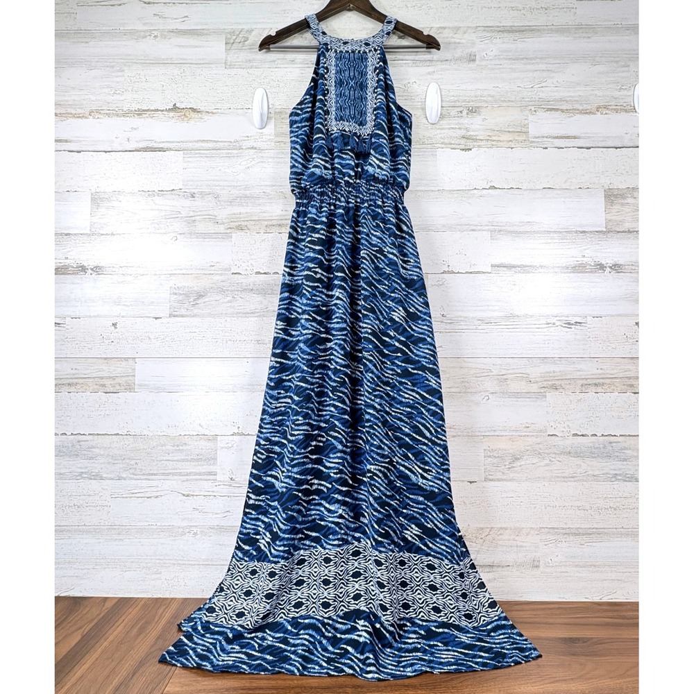 White House Black Market Maxi Dress Womens 2 Blue Halter Tassel Boho Chic Glam